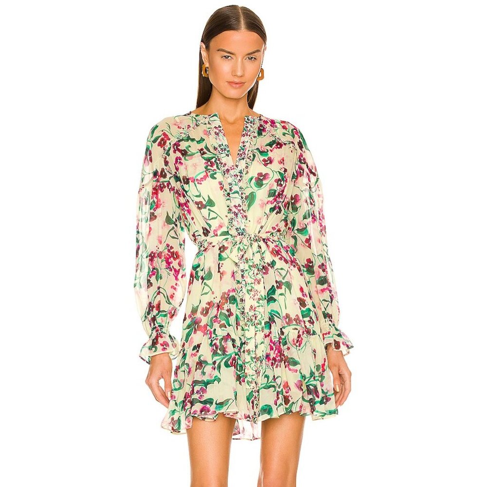 SALONI Pixie Floral Print Long Sleeve Silk Dress, Size 0